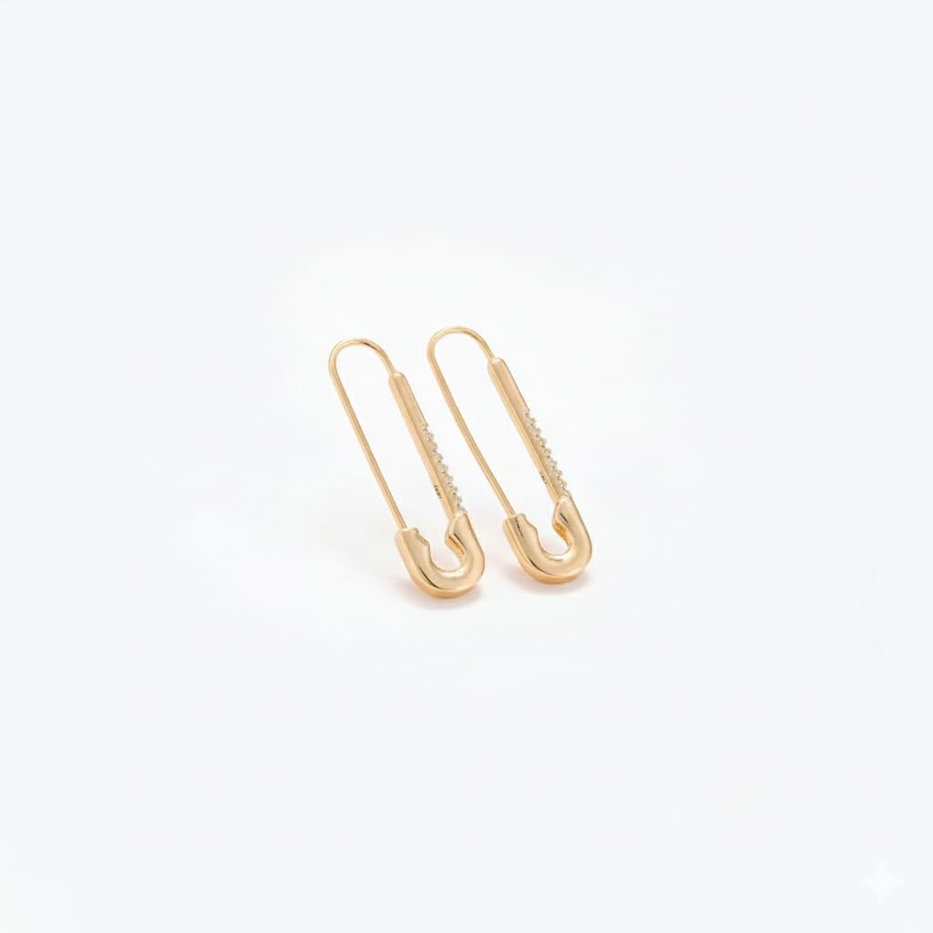 SUSHEE Anti Tarnish Gold Plated Safety Pin Shaped AD Studded Drop Earrings for Women