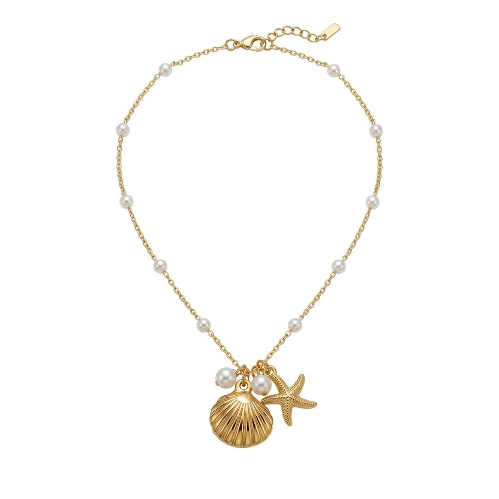 Sushee Pearl Shell & Starfish Pendant Necklace for Women Gold Plated