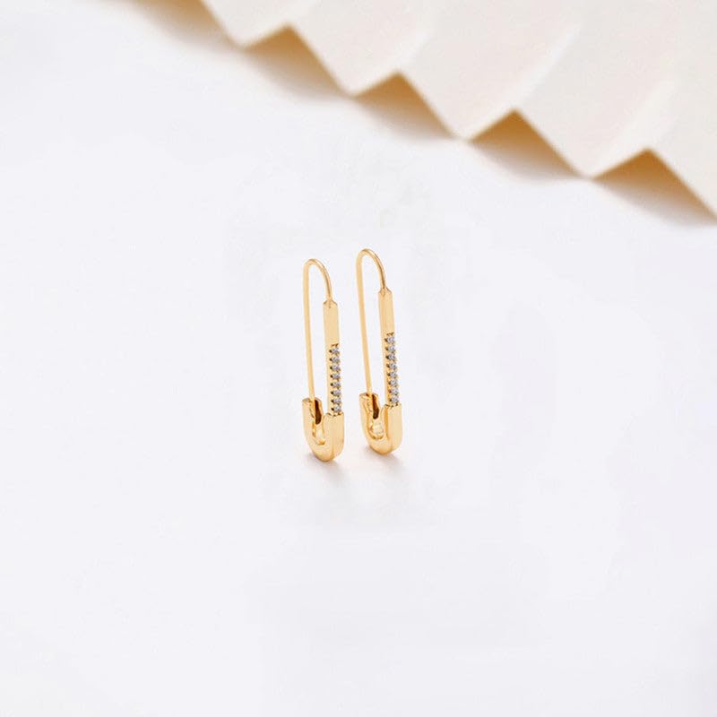 SUSHEE Anti Tarnish Gold Plated Safety Pin Shaped AD Studded Drop Earrings for Women