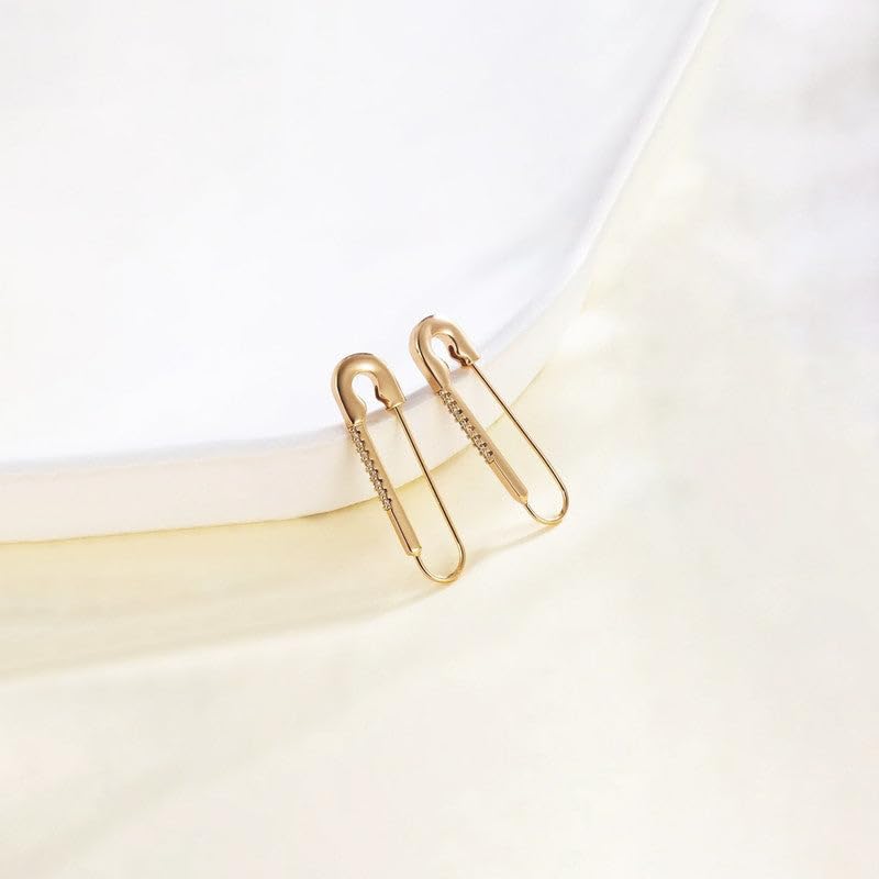 SUSHEE Anti Tarnish Gold Plated Safety Pin Shaped AD Studded Drop Earrings for Women