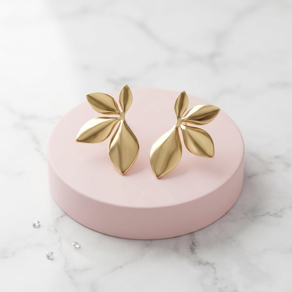 Sushee Gold Leaf Statement Earrings for Women