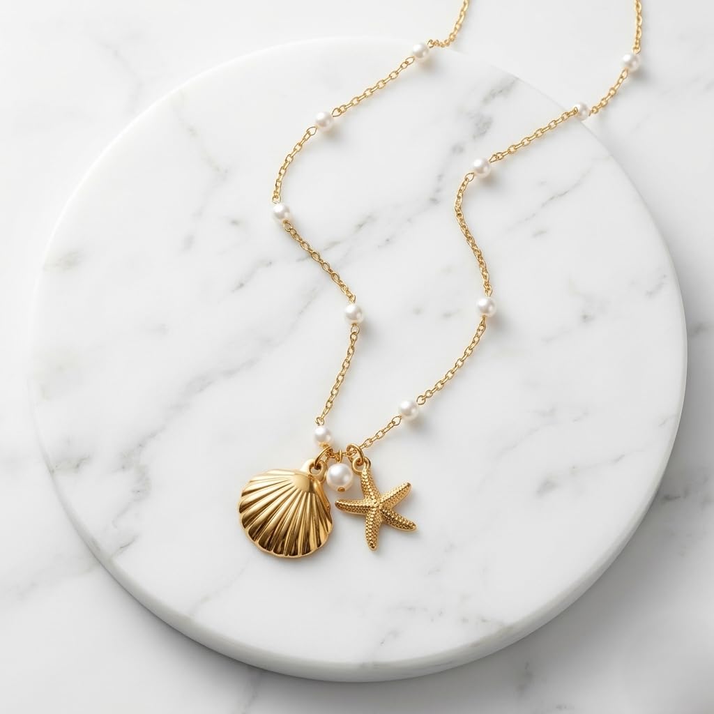 Sushee Pearl Shell & Starfish Pendant Necklace for Women Gold Plated