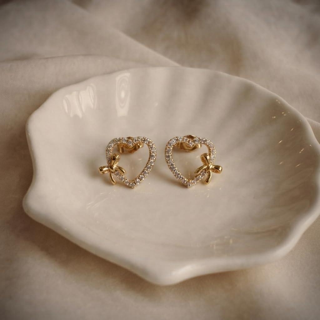 SUSHEE Heart Bow Stud Earrings for Women & Girls | Gold Plated