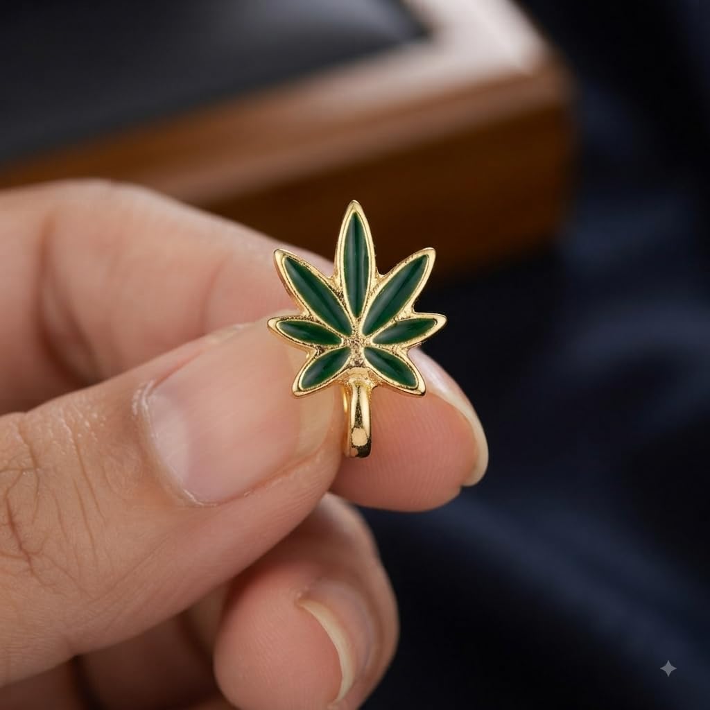 Sushee Green Weed Leaf Nose Pin for Women | Gold Tone Floral Nose Ring