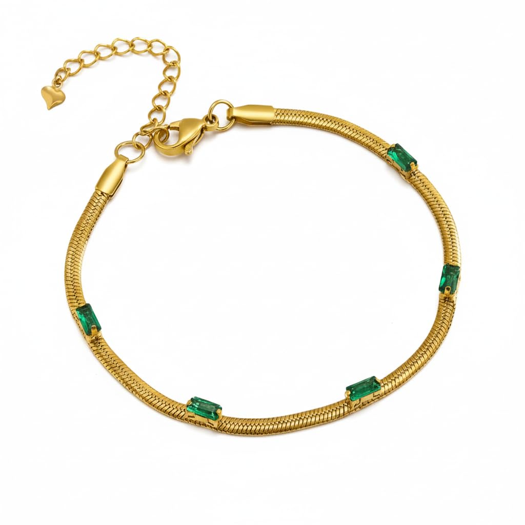 Sushee Emerald Luxe Gold Bracelet for Women Anti Tarnish Stainless Steel Adjustable Green Stone Bracelet Trendy Latest Minimal Fashion Jewellery