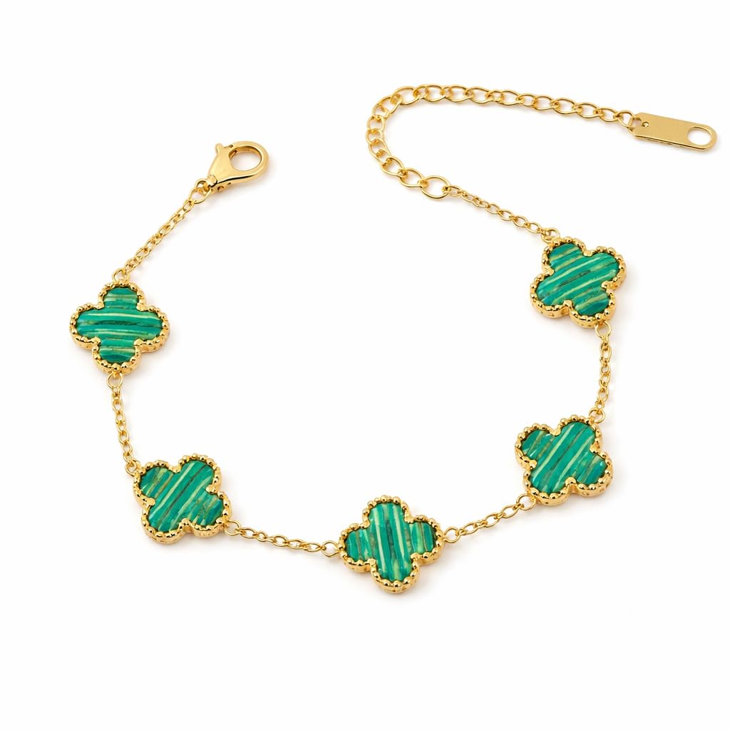 Sushee Green Clover Bracelet for Men Women Anti Tarnish Stainless Steel Adjustable Gold Chain Bracelet T