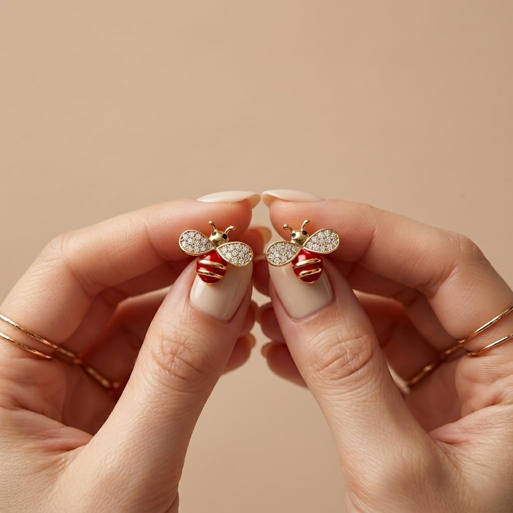 Gold Plated Bee Stud Earrings Crystal Ladybug Cute Minimal Studs