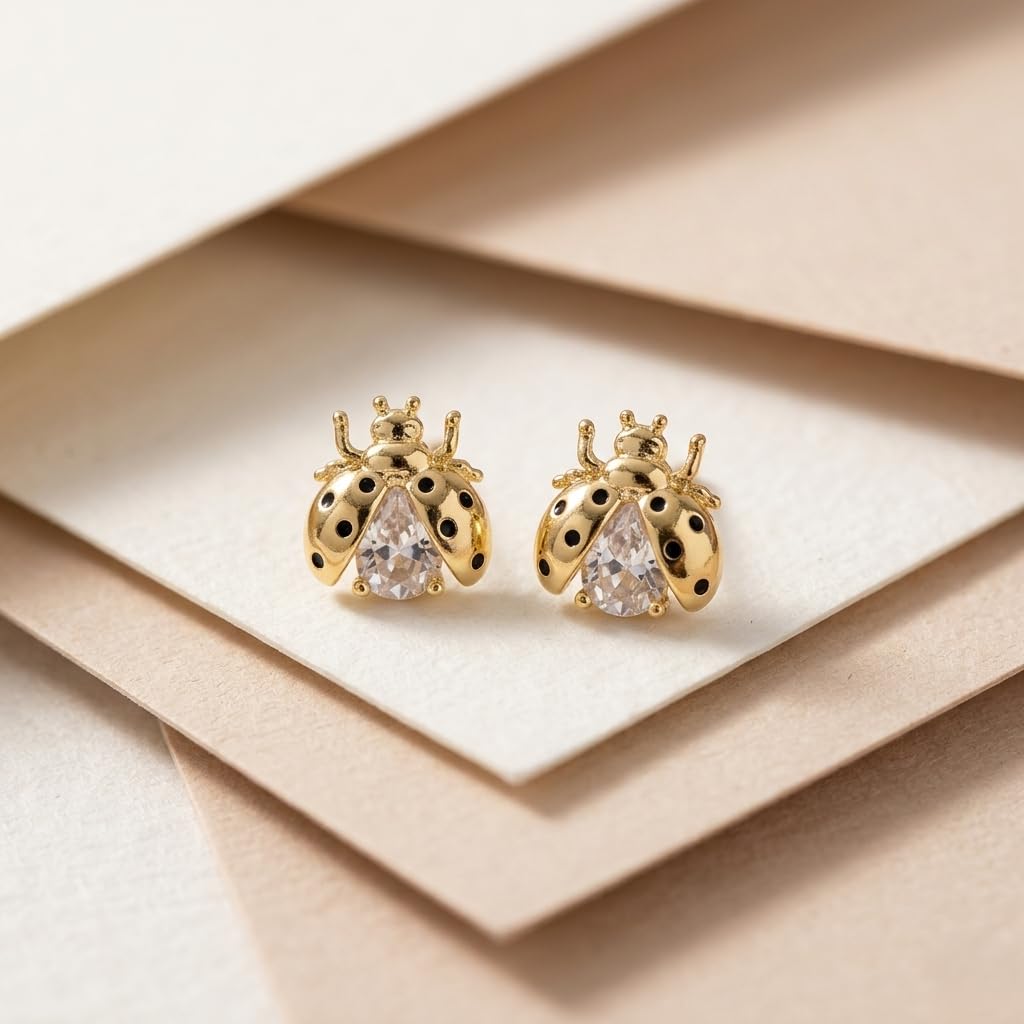 Gold Plated Bee Stud Earrings Crystal Ladybug Cute Minimal Studs