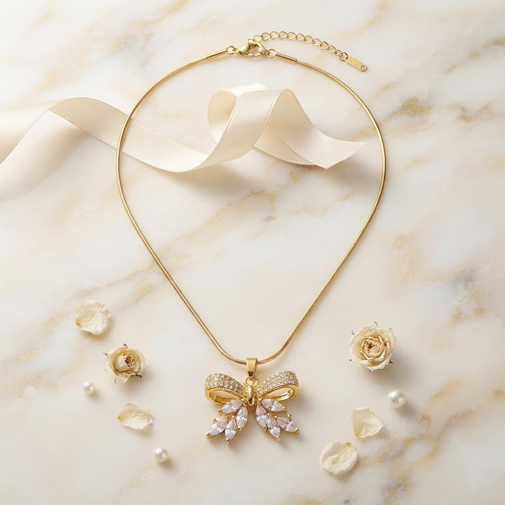 Sushee Anti Tarnish Bow Pendant Necklace for Women Gold Plated Chain