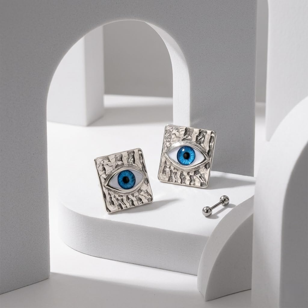 Sushee Evil Eye Stud Earrings for Women | Silver Tone Square Eye Earrings