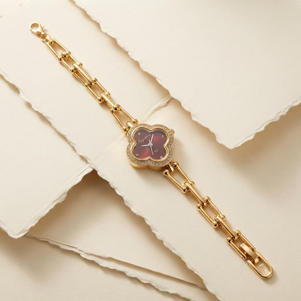 Sushee Anti Tarnish Red Clover Dial Gold-Tone Bracelet Watch for Women