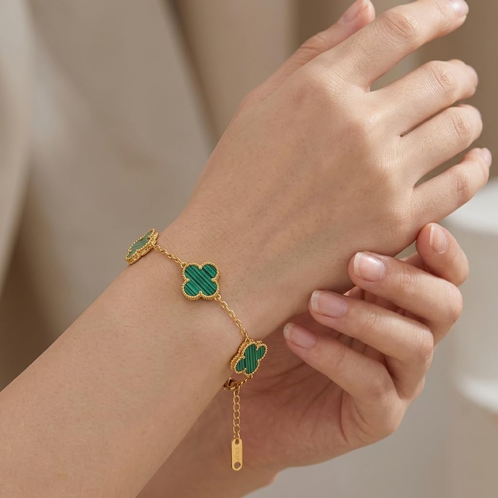 Sushee Green Clover Bracelet for Men Women Anti Tarnish Stainless Steel Adjustable Gold Chain Bracelet T