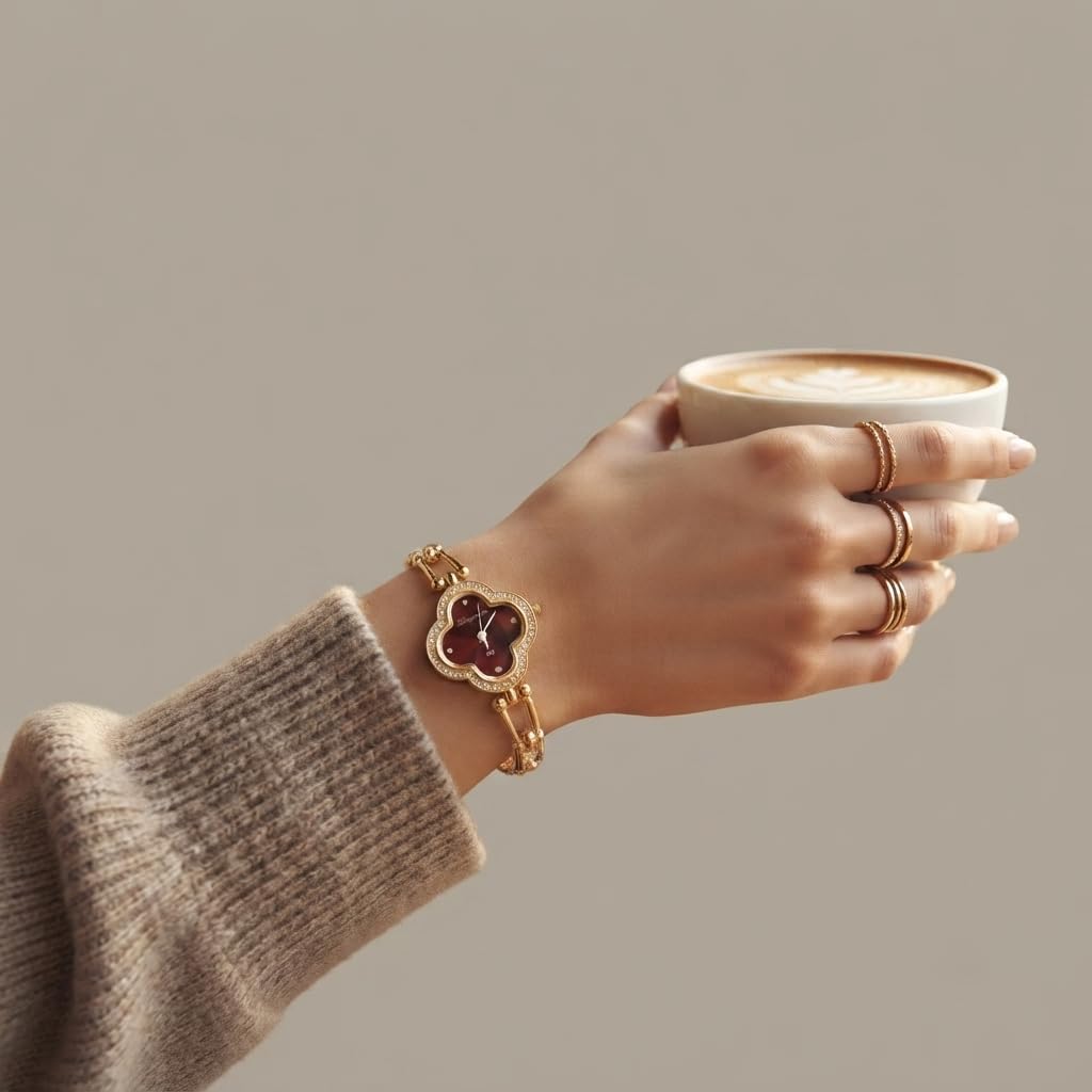 Sushee Anti Tarnish Red Clover Dial Gold-Tone Bracelet Watch for Women