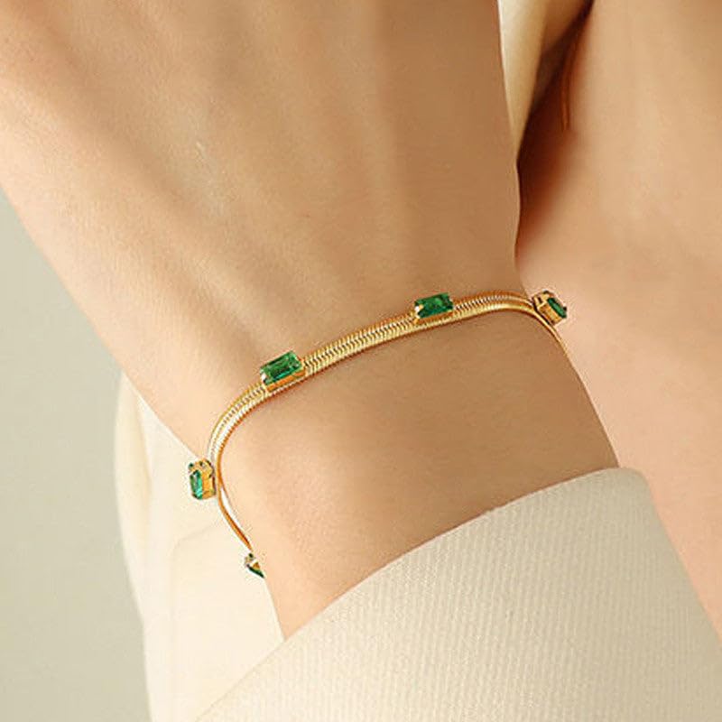 Sushee Emerald Luxe Gold Bracelet for Women Anti Tarnish Stainless Steel Adjustable Green Stone Bracelet Trendy Latest Minimal Fashion Jewellery
