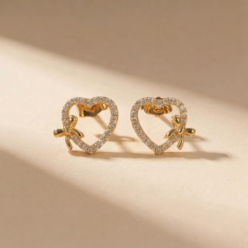 SUSHEE Heart Bow Stud Earrings for Women & Girls | Gold Plated