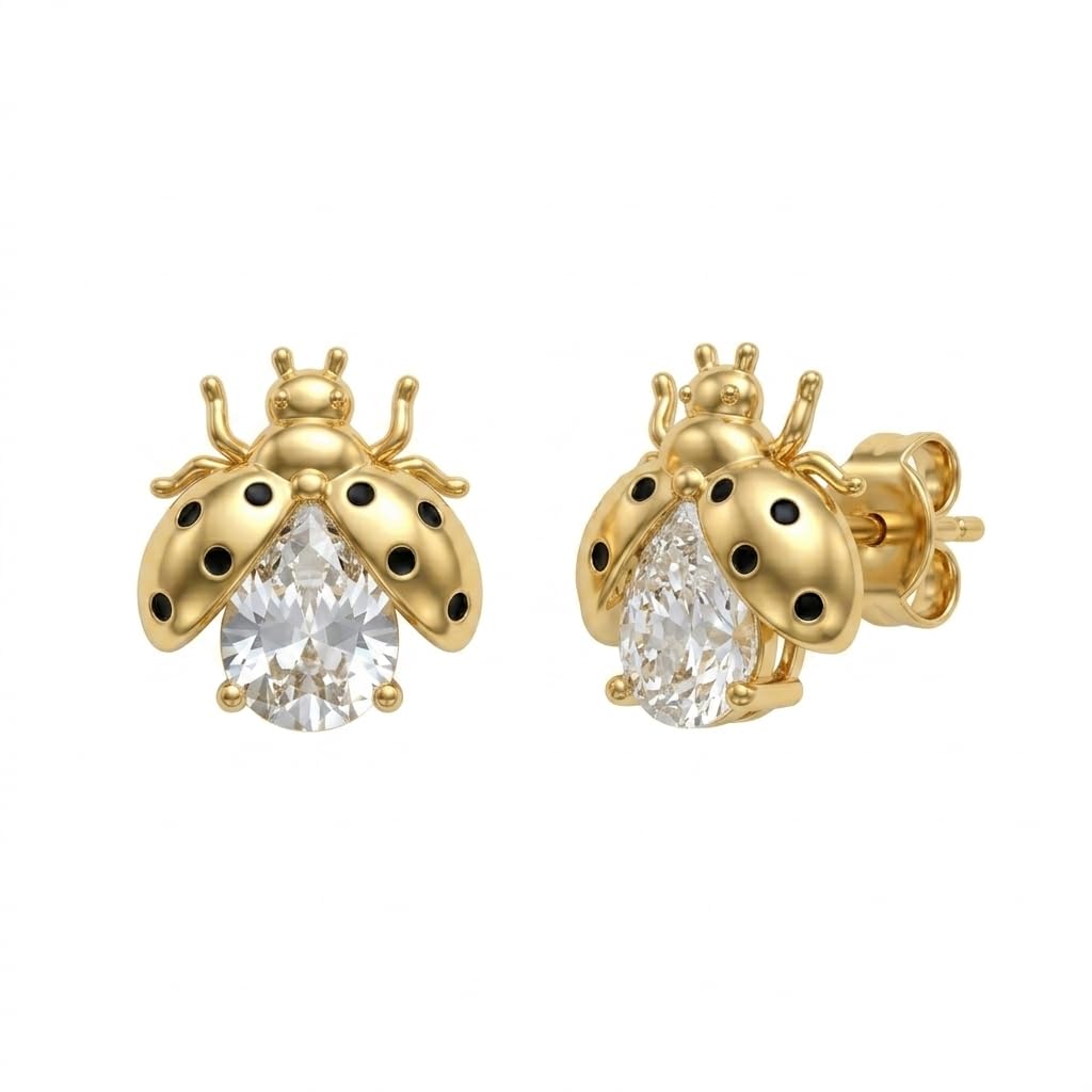 Gold Plated Bee Stud Earrings Crystal Ladybug Cute Minimal Studs