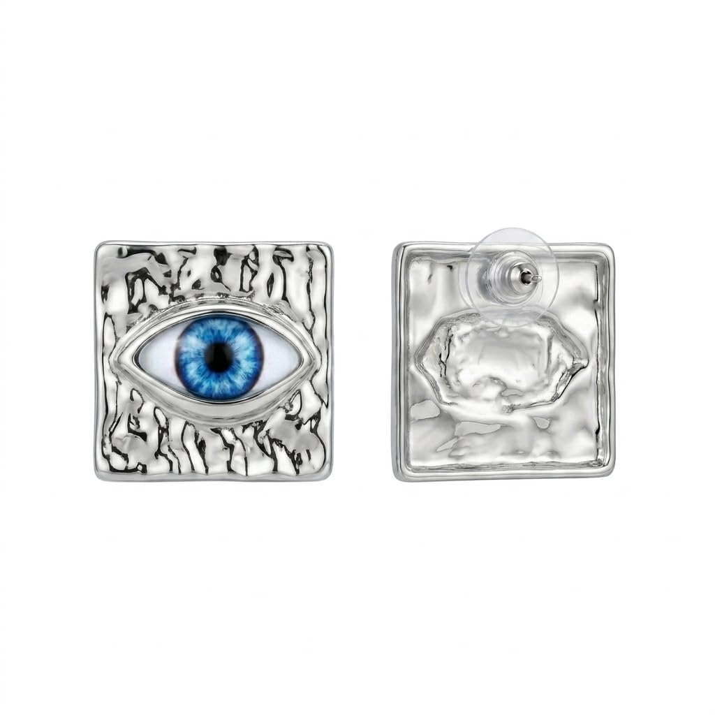 Sushee Evil Eye Stud Earrings for Women | Silver Tone Square Eye Earrings