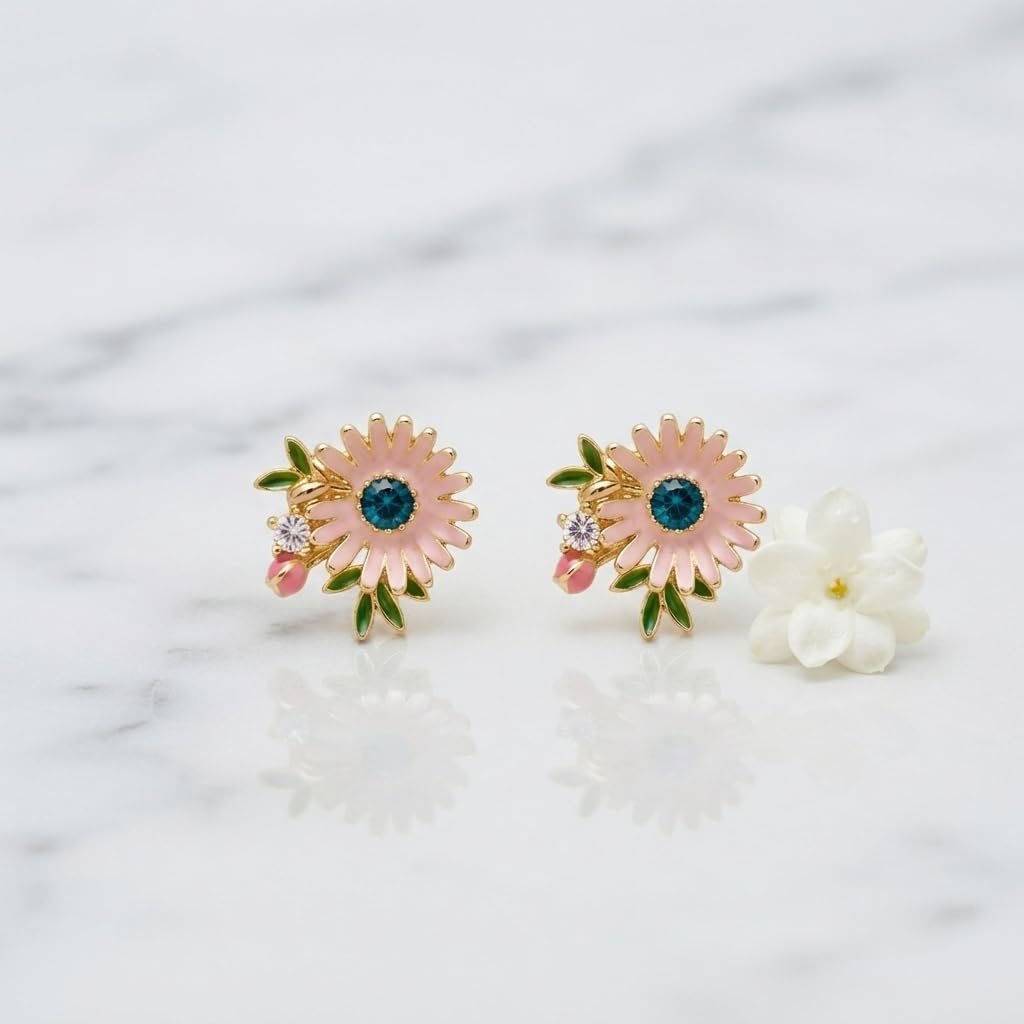 SUSHEE Anti Tarnish Pink Flower Stud Earrings for Women Gold Plated