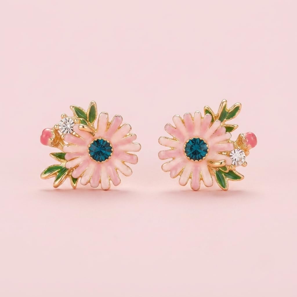SUSHEE Anti Tarnish Pink Flower Stud Earrings for Women Gold Plated