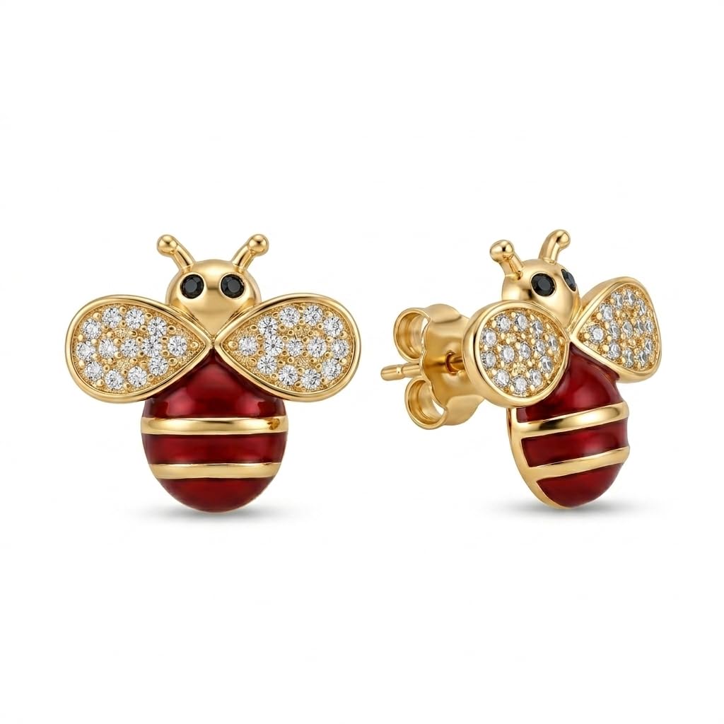 Gold Plated Bee Stud Earrings Crystal Ladybug Cute Minimal Studs