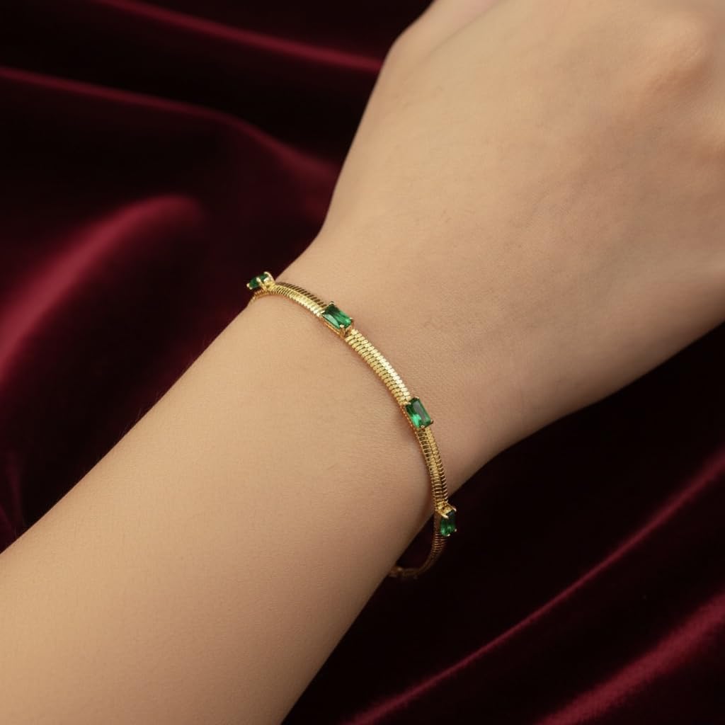 Sushee Emerald Luxe Gold Bracelet for Women Anti Tarnish Stainless Steel Adjustable Green Stone Bracelet Trendy Latest Minimal Fashion Jewellery