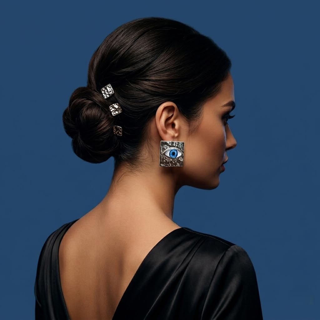 Sushee Evil Eye Stud Earrings for Women | Silver Tone Square Eye Earrings