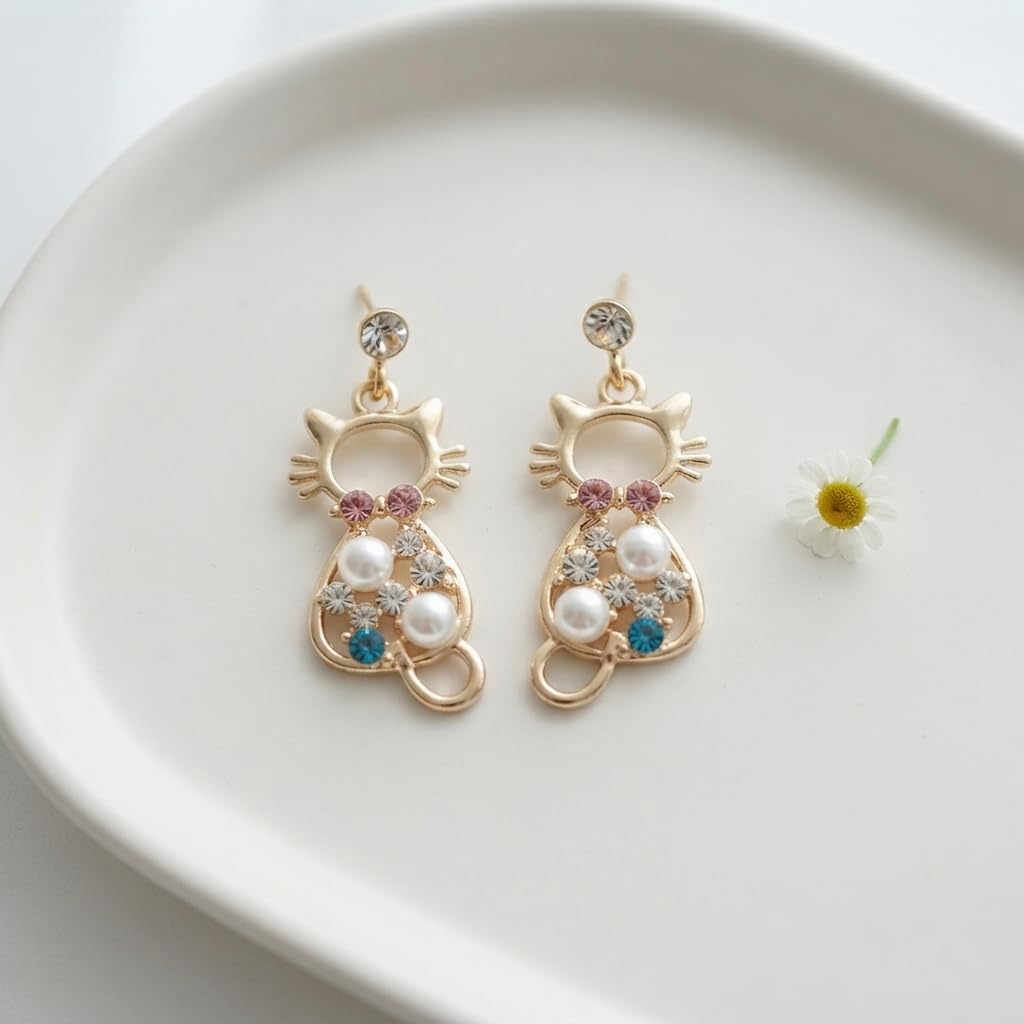 Sushee Pearl Kitty Drop Earrings