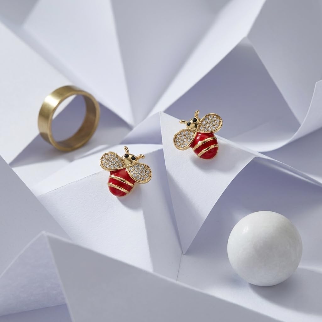 Gold Plated Bee Stud Earrings Crystal Ladybug Cute Minimal Studs