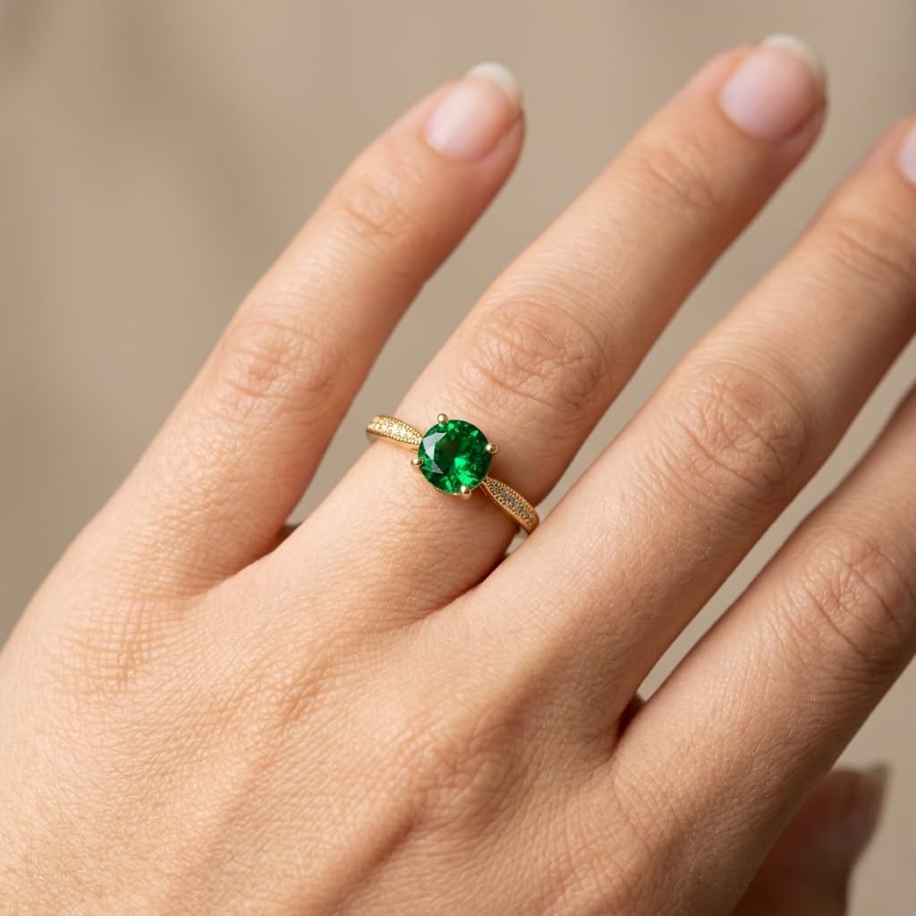 Sushee Emerald Glow Adjustable Ring for Women Anti Tarnish Stainless Steel Green Stone Solitaire Ring