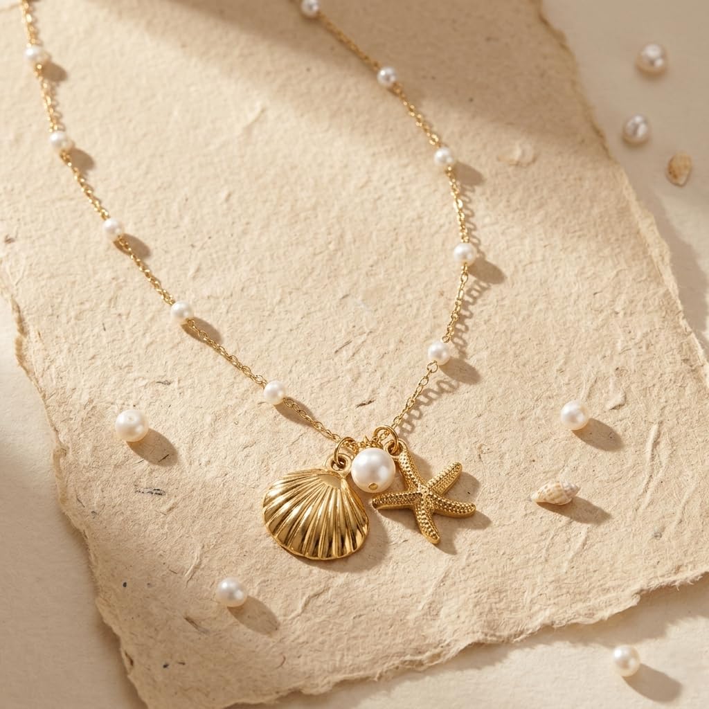 Sushee Pearl Shell & Starfish Pendant Necklace for Women Gold Plated