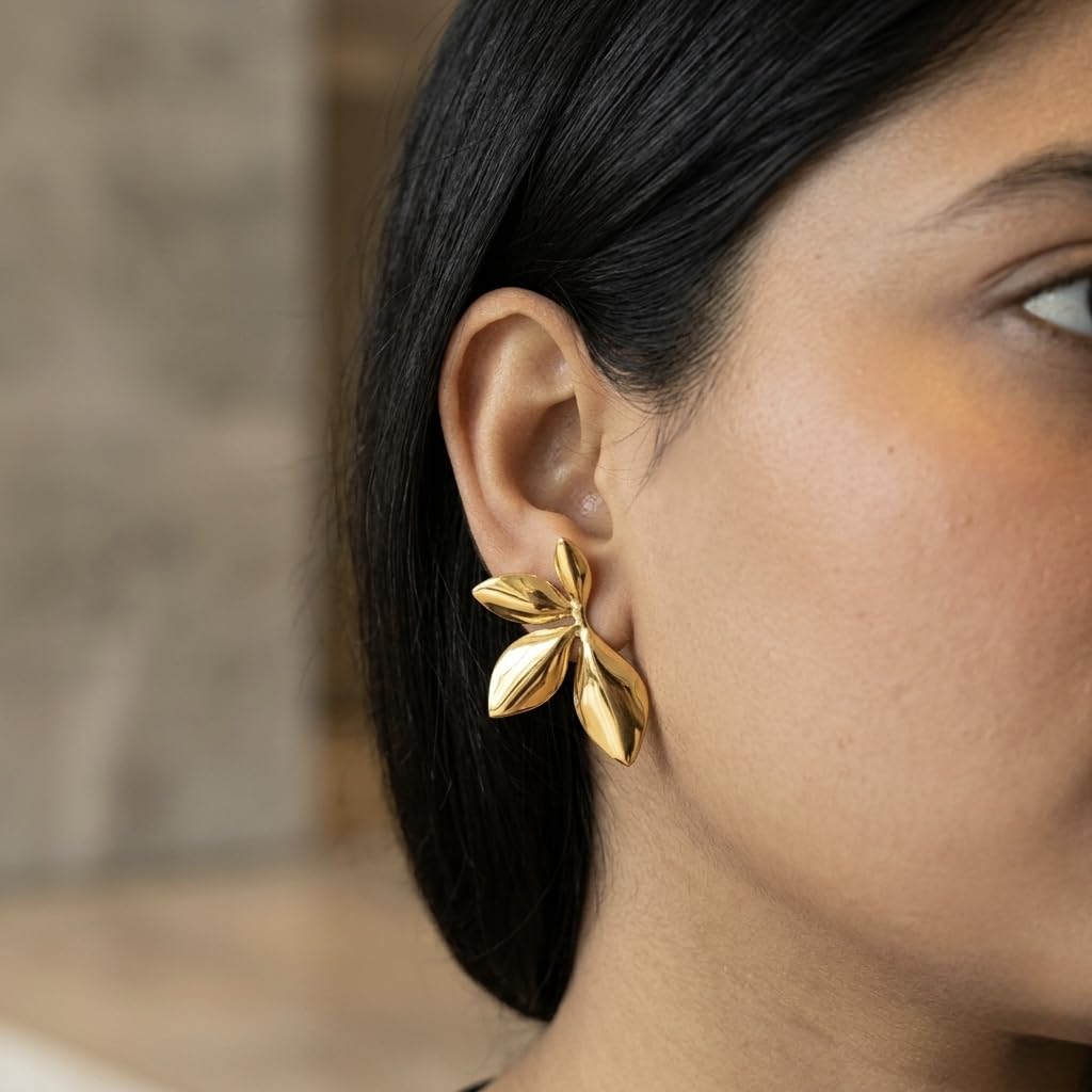 Sushee Gold Leaf Statement Earrings for Women