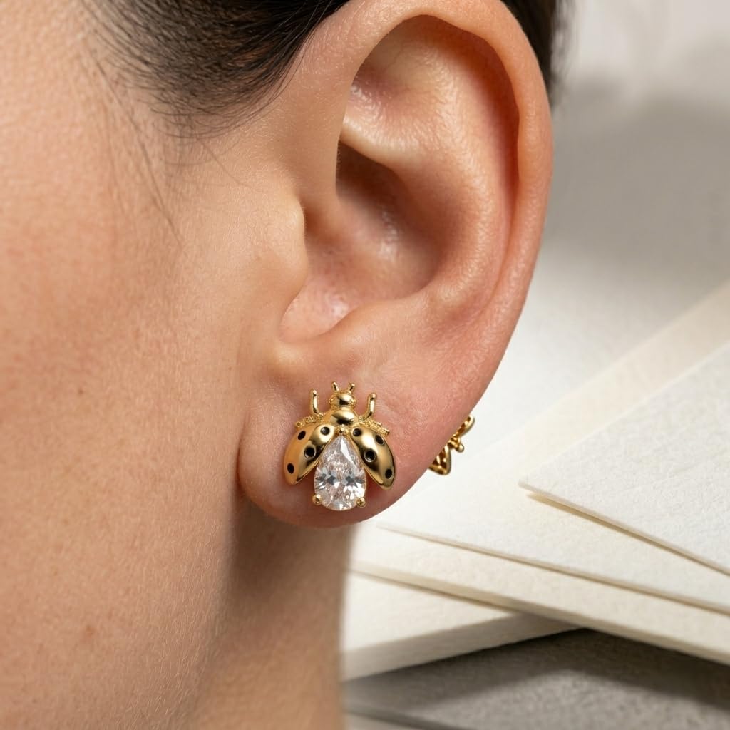Gold Plated Bee Stud Earrings Crystal Ladybug Cute Minimal Studs