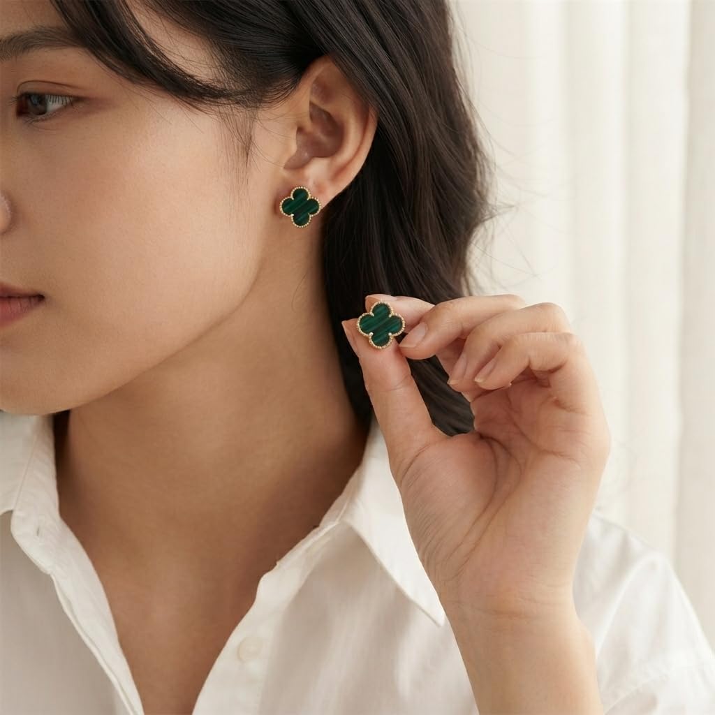 SUSHEE Green Clover Stud Earrings for Women