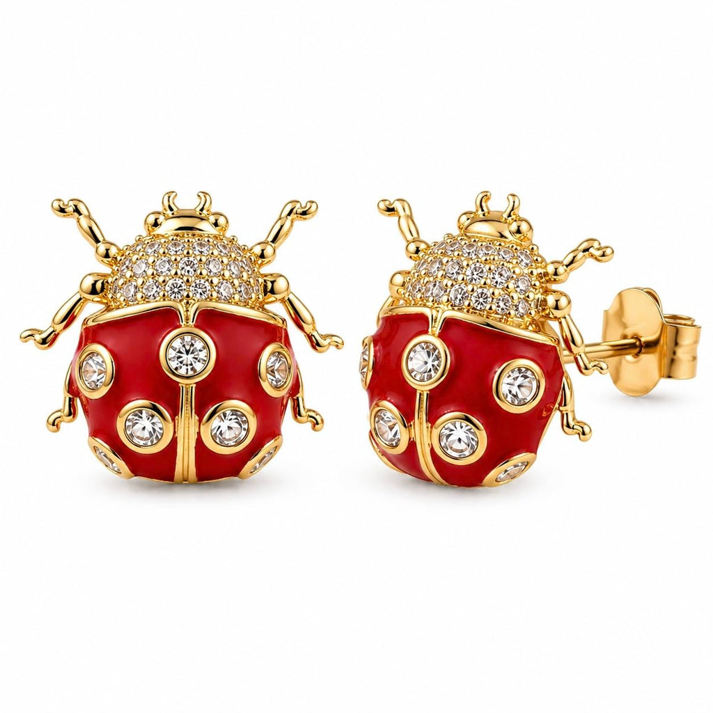 Red Ladybug Stud Earrings Gold Plated Crystal Cute Statement Studs