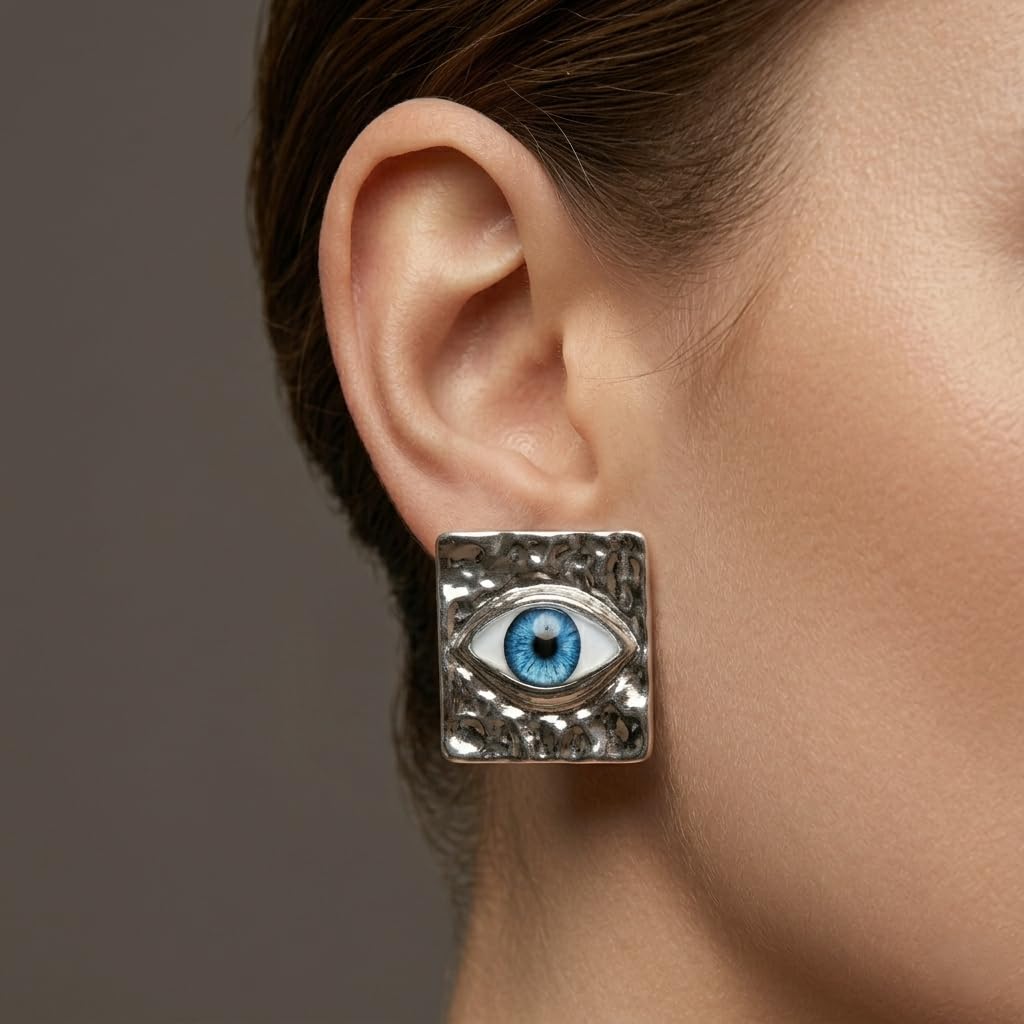 Sushee Evil Eye Stud Earrings for Women | Silver Tone Square Eye Earrings
