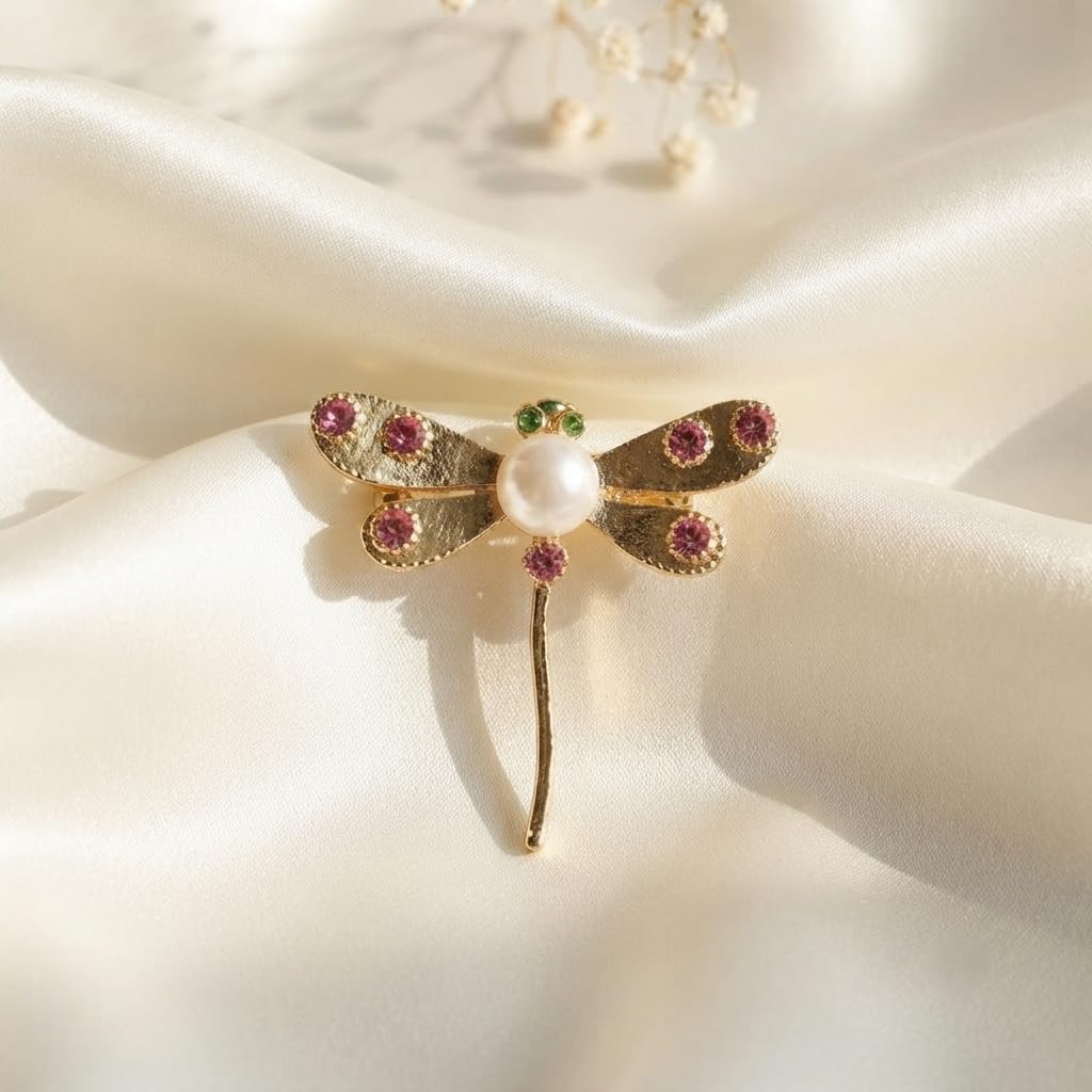 SUSHEE Dragonfly Brooch for Women Gold Tone Pearl Crystal Pin