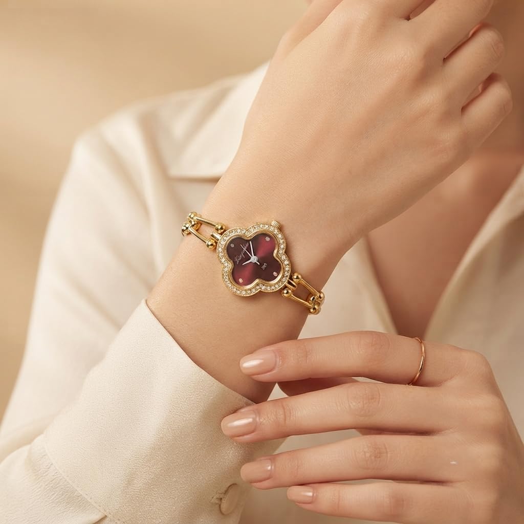 Sushee Anti Tarnish Red Clover Dial Gold-Tone Bracelet Watch for Women
