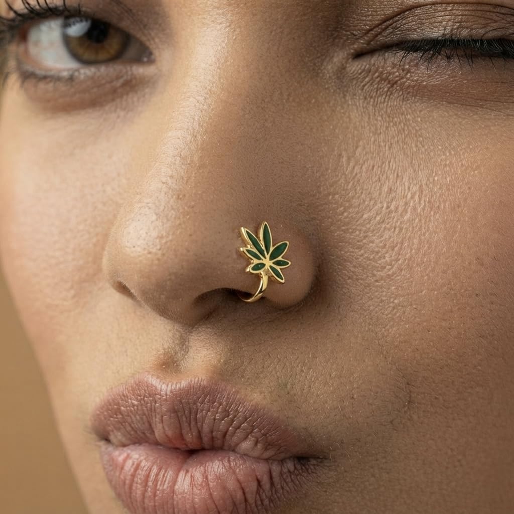 Sushee Green Weed Leaf Nose Pin for Women | Gold Tone Floral Nose Ring