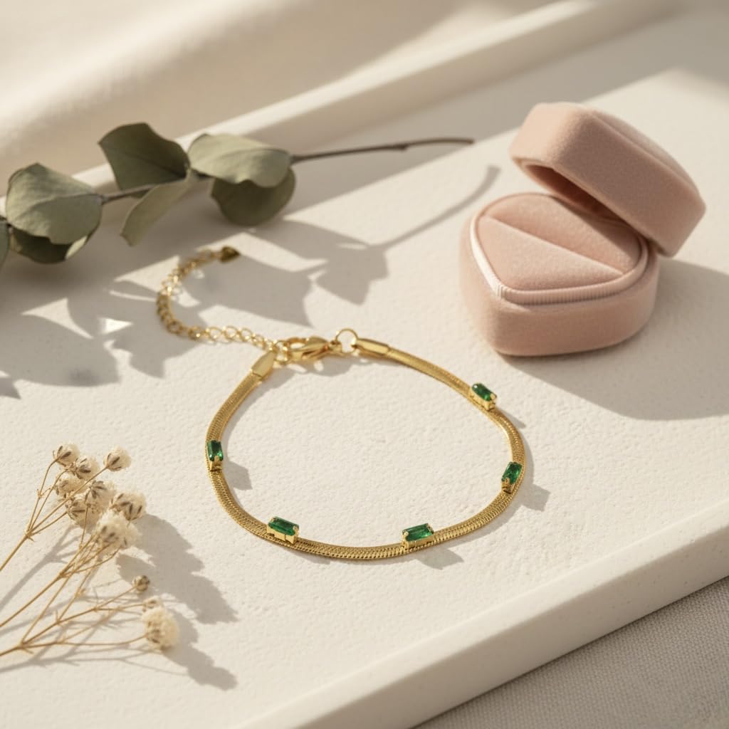 Sushee Emerald Luxe Gold Bracelet for Women Anti Tarnish Stainless Steel Adjustable Green Stone Bracelet Trendy Latest Minimal Fashion Jewellery