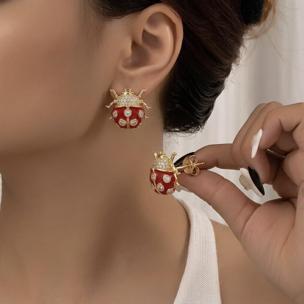 Red Ladybug Stud Earrings Gold Plated Crystal Cute Statement Studs