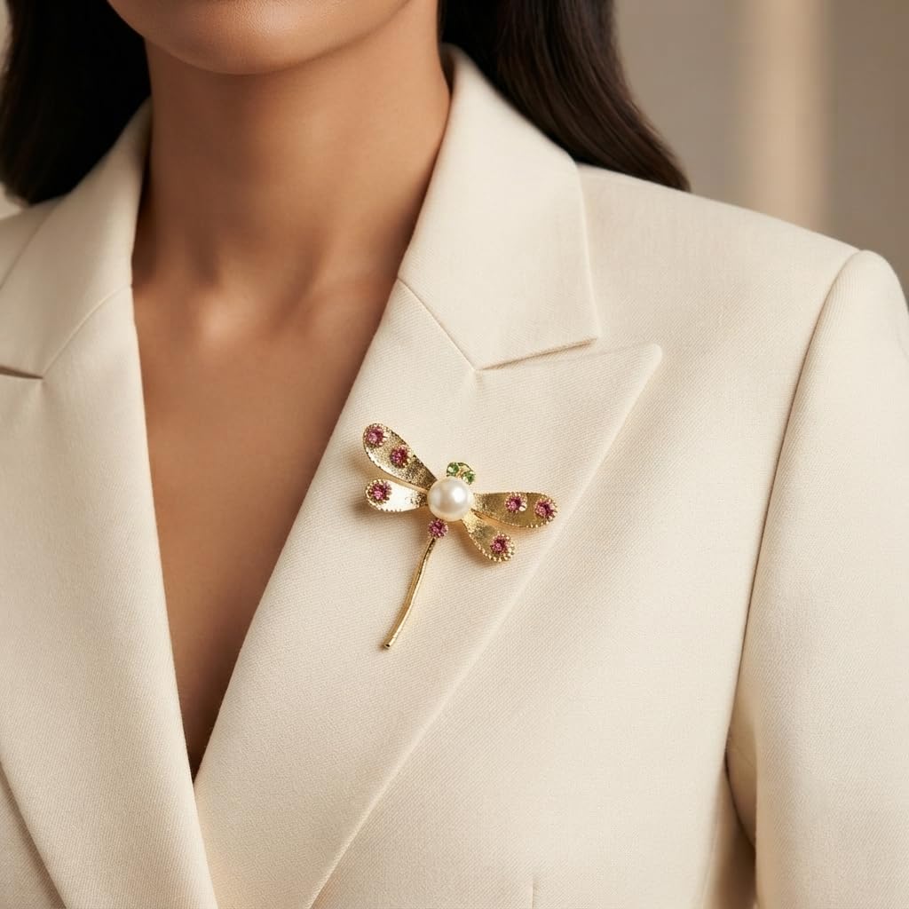 SUSHEE Dragonfly Brooch for Women Gold Tone Pearl Crystal Pin