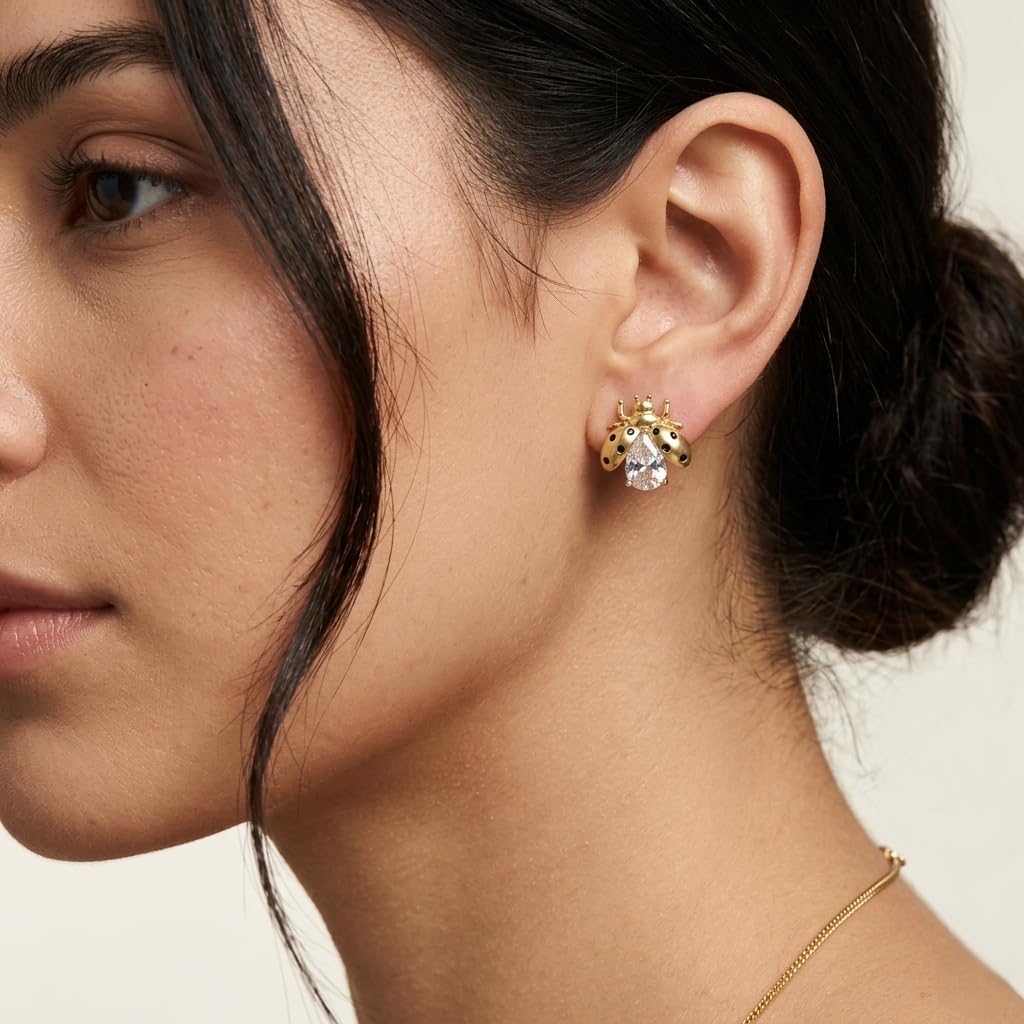 Gold Plated Bee Stud Earrings Crystal Ladybug Cute Minimal Studs