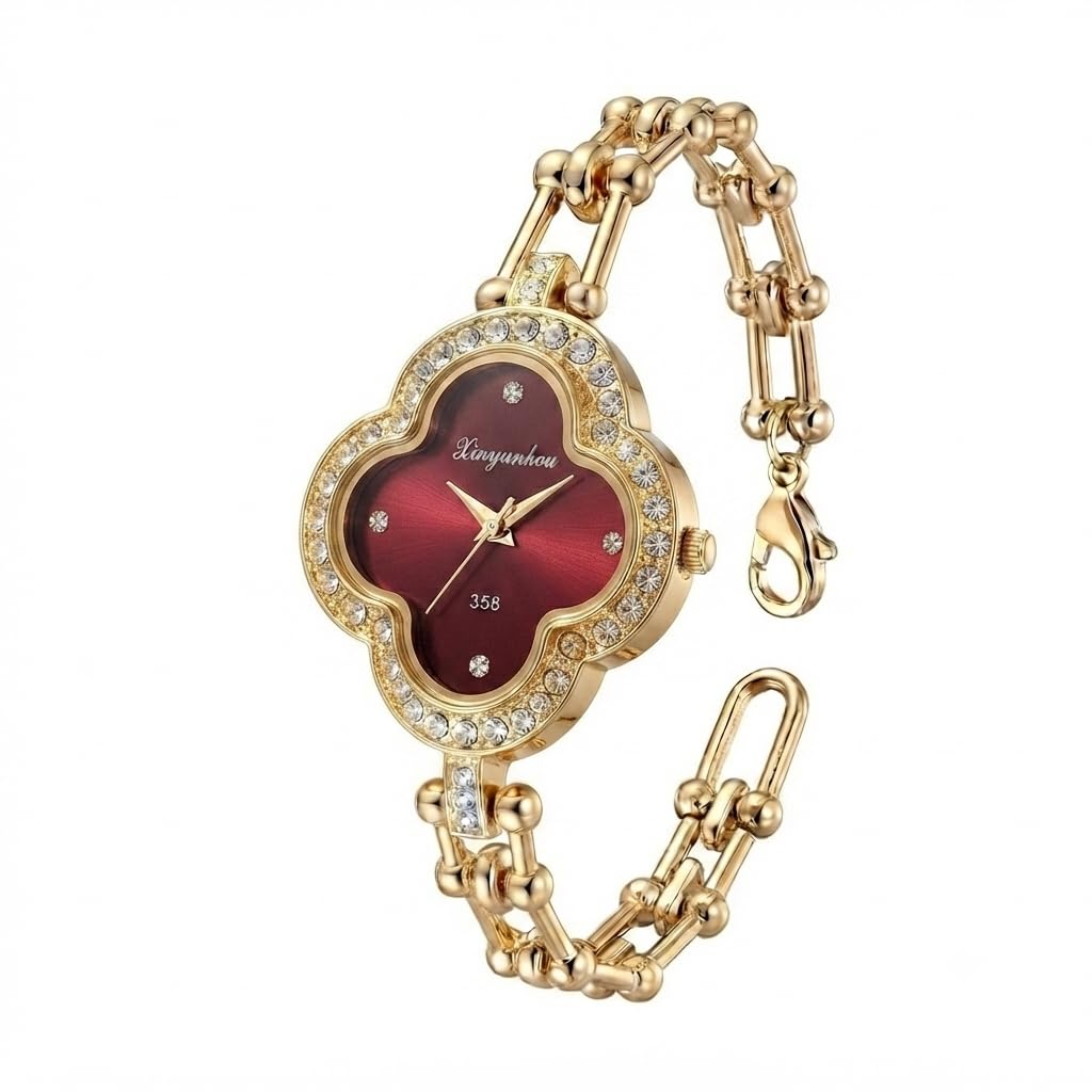 Sushee Anti Tarnish Red Clover Dial Gold-Tone Bracelet Watch for Women