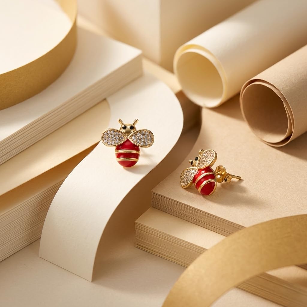 Gold Plated Bee Stud Earrings Crystal Ladybug Cute Minimal Studs