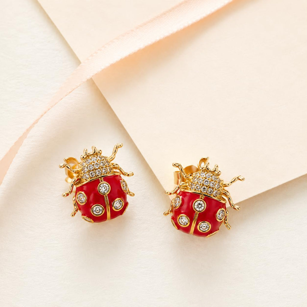 Red Ladybug Stud Earrings Gold Plated Crystal Cute Statement Studs
