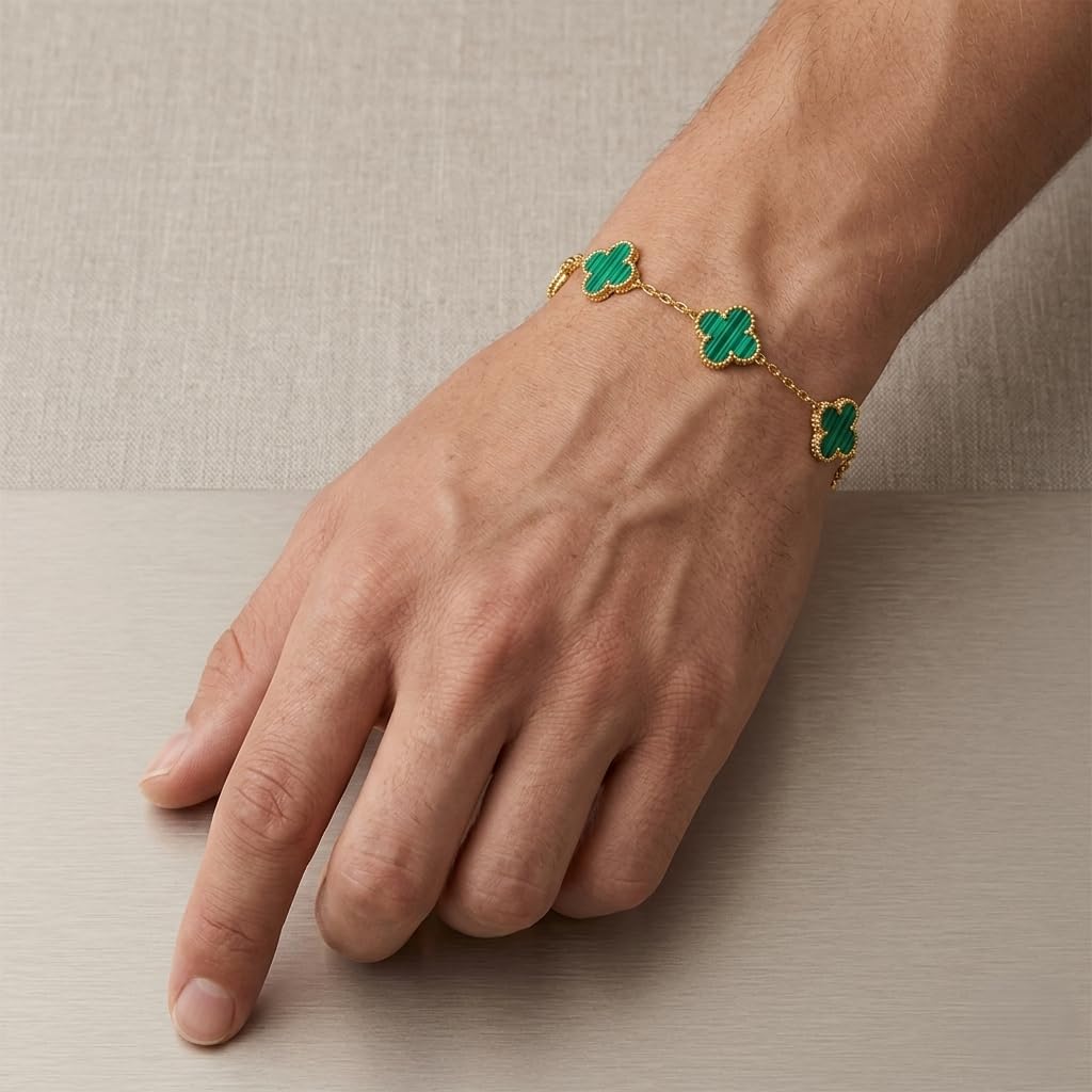Sushee Green Clover Bracelet for Men Women Anti Tarnish Stainless Steel Adjustable Gold Chain Bracelet T