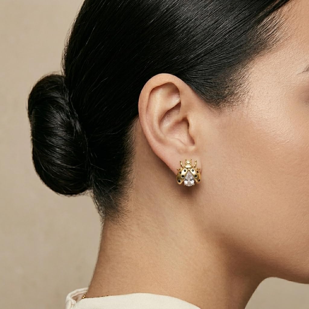 Gold Plated Bee Stud Earrings Crystal Ladybug Cute Minimal Studs