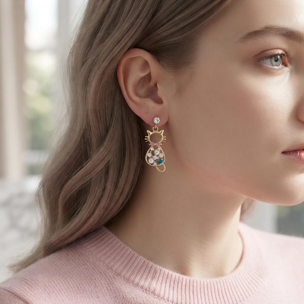 Sushee Pearl Kitty Drop Earrings