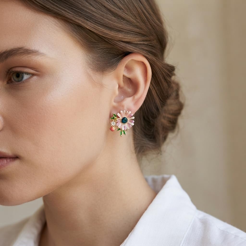 SUSHEE Anti Tarnish Pink Flower Stud Earrings for Women Gold Plated