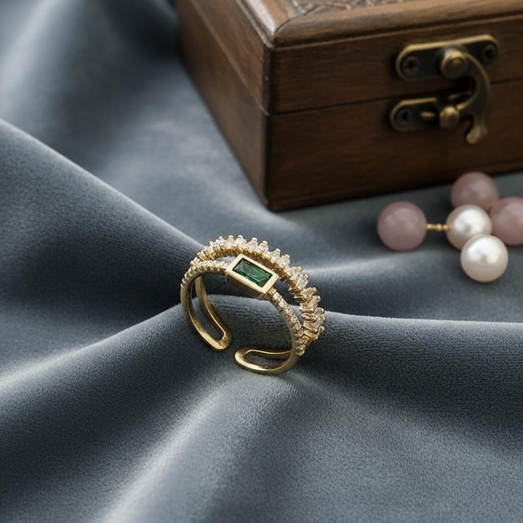 Sushee Anti Tarnish Green Crystal Gold-Tone Adjustable Ring for Women